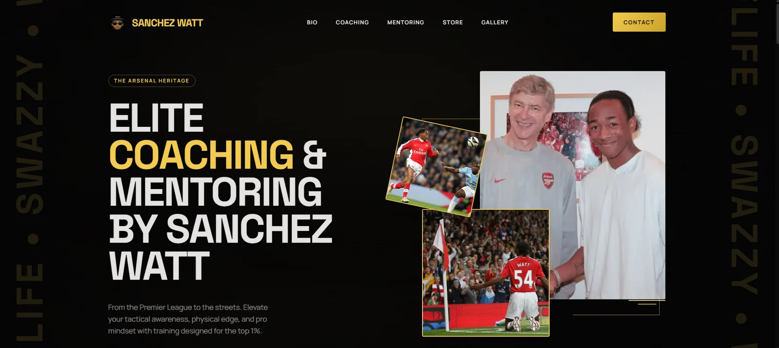 Sanchez Watt coaching and mentoring website, with bold yellow typography and football photography