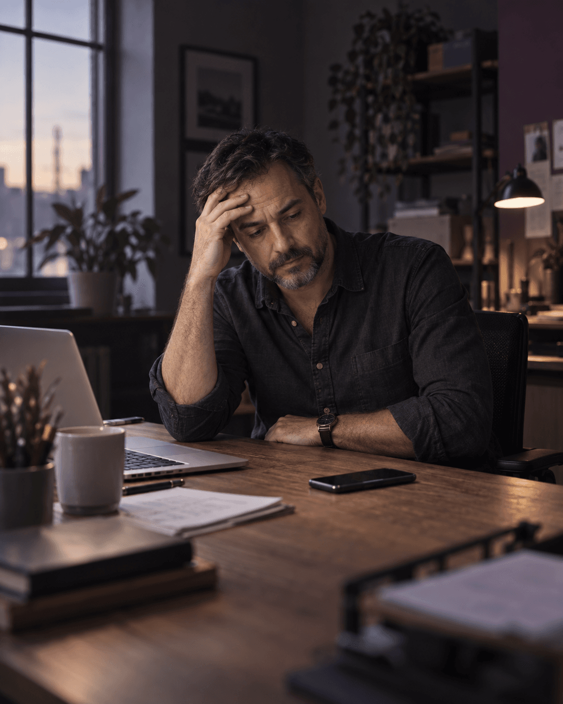 A business owner taking a worried pause beside a quiet phone and unfinished work